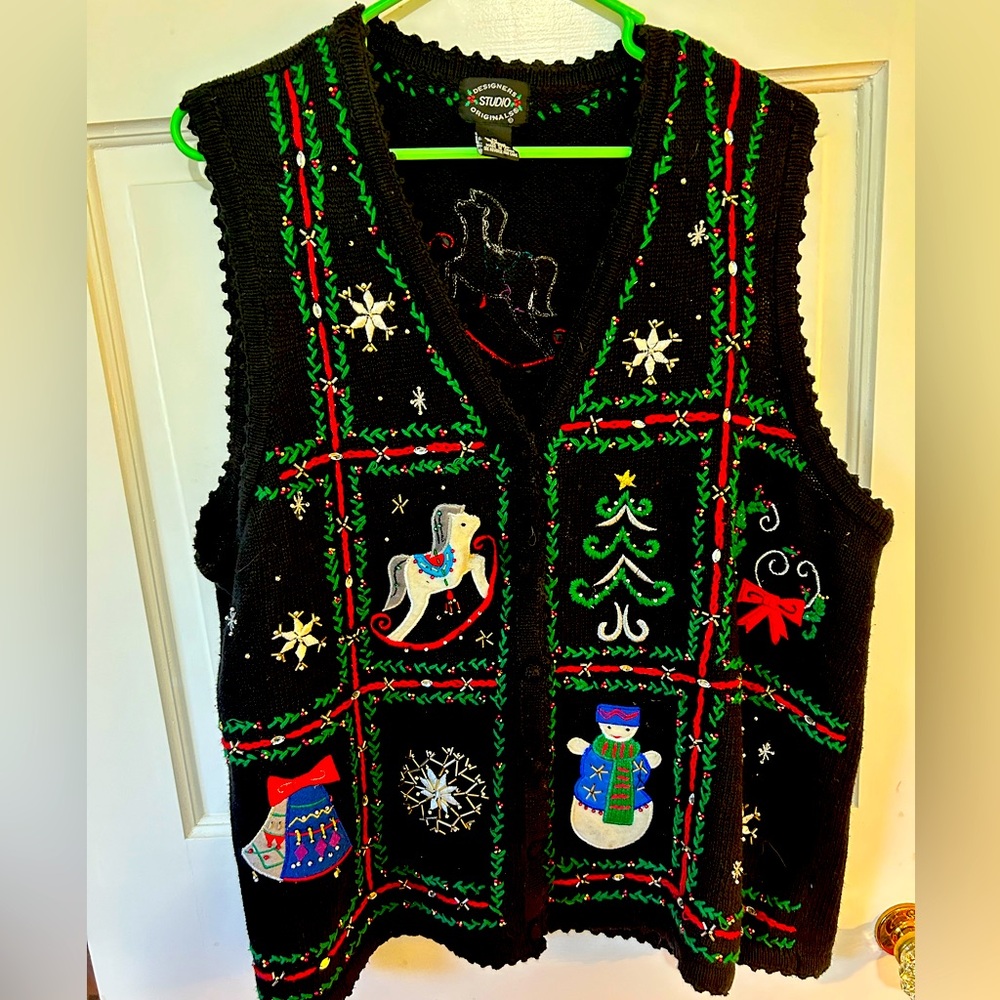 Designers studio original Christmas vest embroidered. Ornate. Bling. Washable.